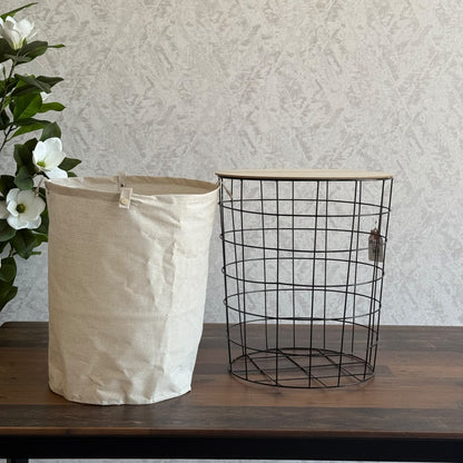 Modern Metal Grid Laundry Hampers with Wooden Covers & Fabric Liners
