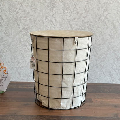 Modern Metal Grid Laundry Hampers with Wooden Covers & Fabric Liners