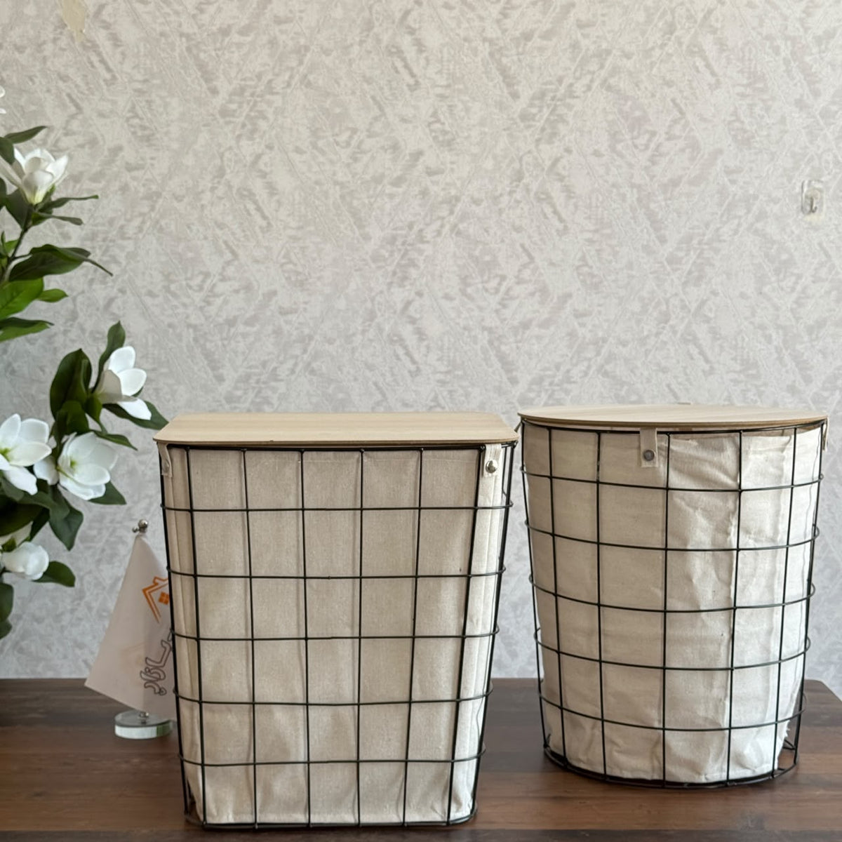 Modern Metal Grid Laundry Hampers with Wooden Covers & Fabric Liners