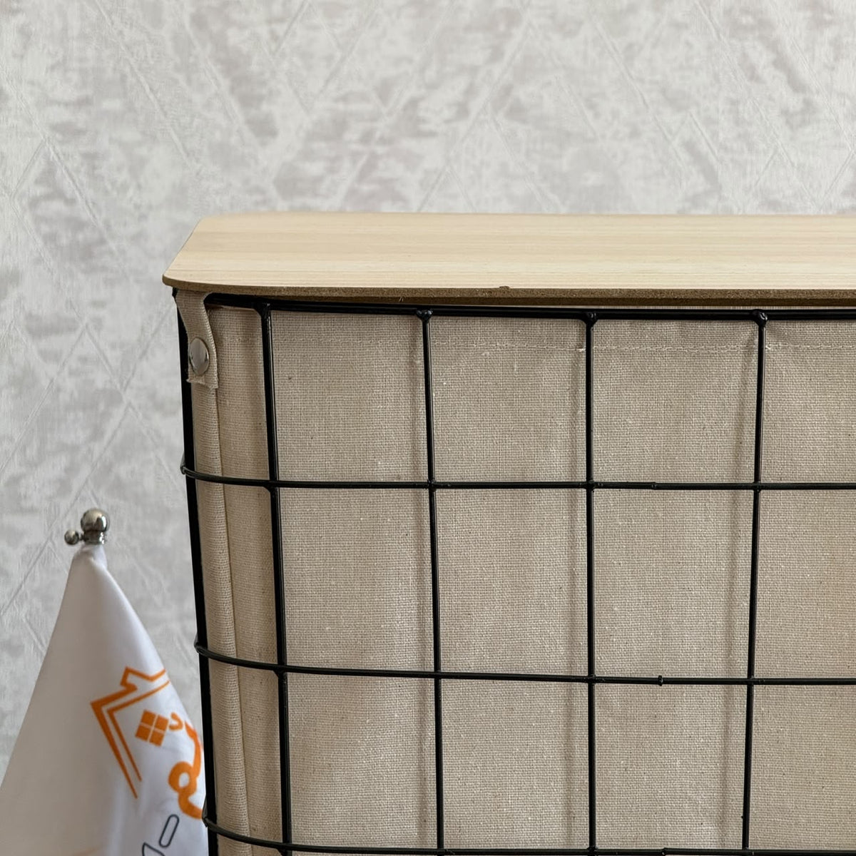 Modern Metal Grid Laundry Hampers with Wooden Covers & Fabric Liners