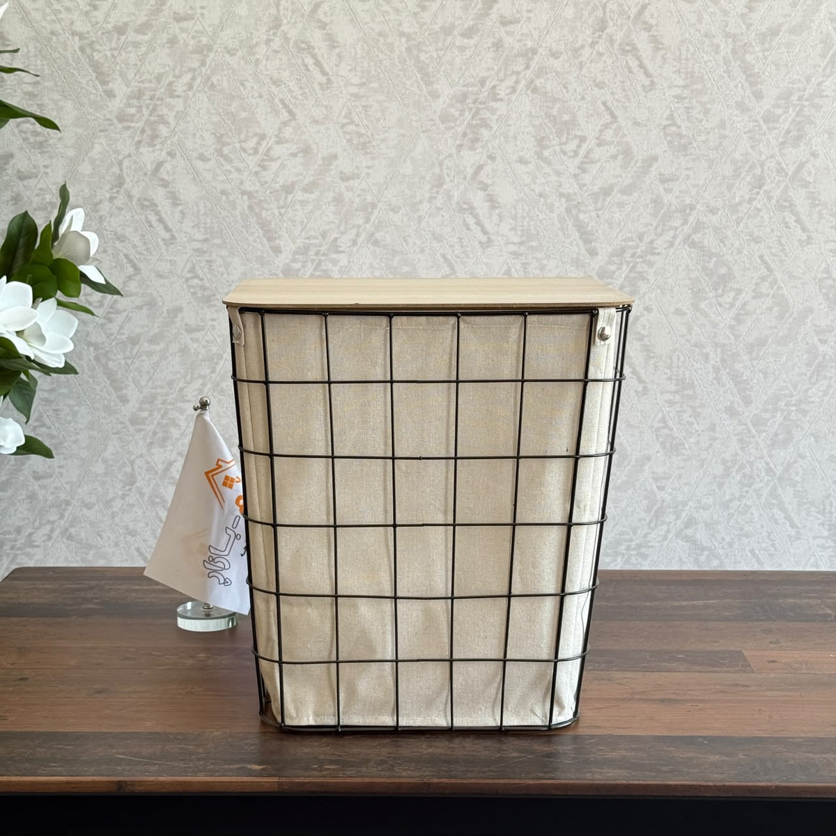 Modern Metal Grid Laundry Hampers with Wooden Covers & Fabric Liners