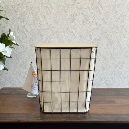 Modern Metal Grid Laundry Hampers with Wooden Covers & Fabric Liners