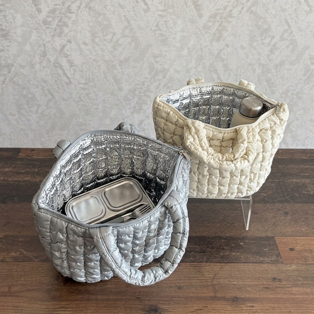 Insulated Puffer Thermal Lunch Bag – Trendy Quilted Food Tote Container
