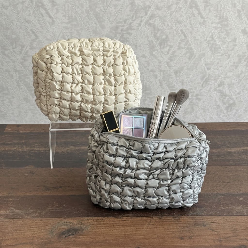 Puffer Quilted Cosmetic Pouch – Soft Travel Makeup Bag & Toiletry Organizer