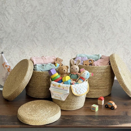 3-Piece Woven Straw Storage Basket Set with Lids
