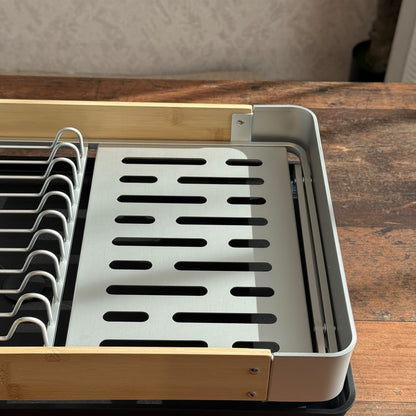 Modern Compact Countertop Dish Drainer with Wooden Accents & Cutlery Holder