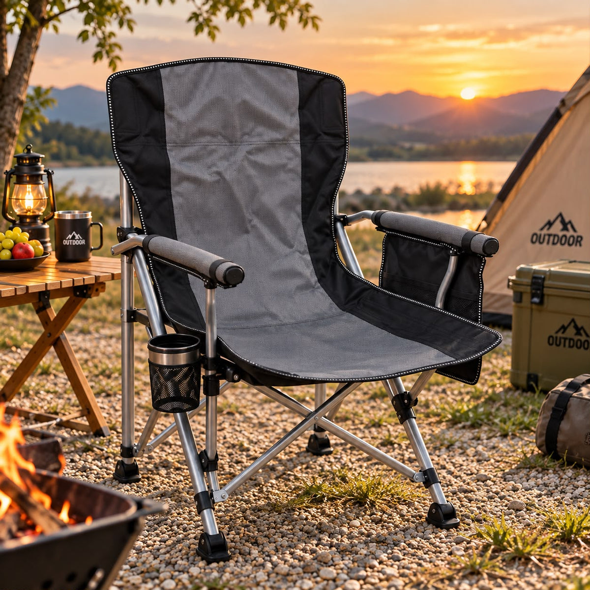 Heavy-Duty High-Back Folding Camping Chair with Cup Holder & Side Pocket