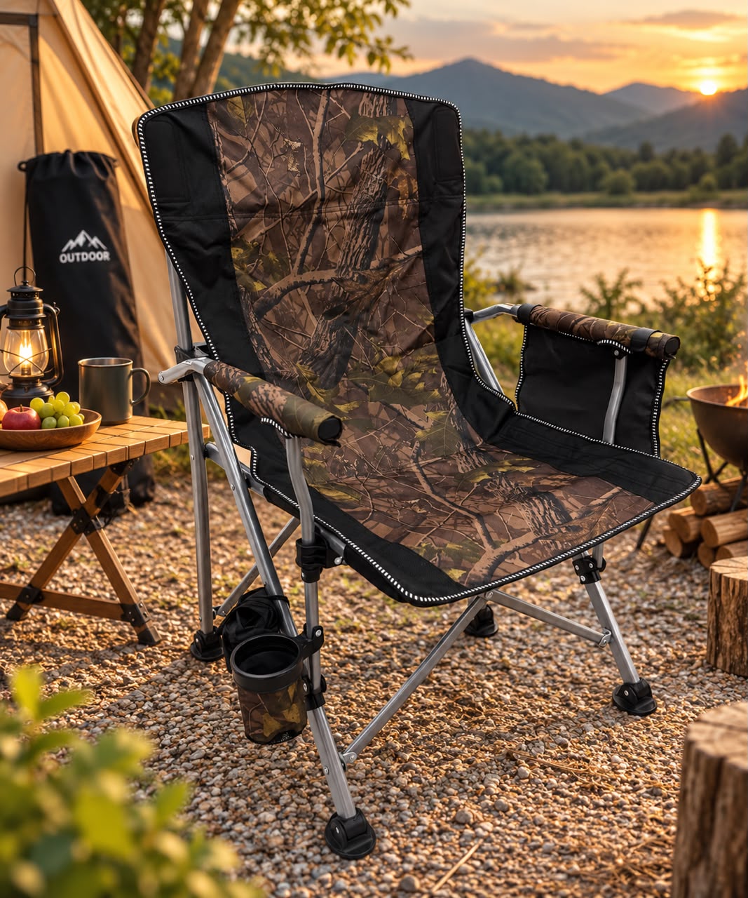 Heavy-Duty High-Back Folding Camping Chair with Cup Holder & Side Pocket