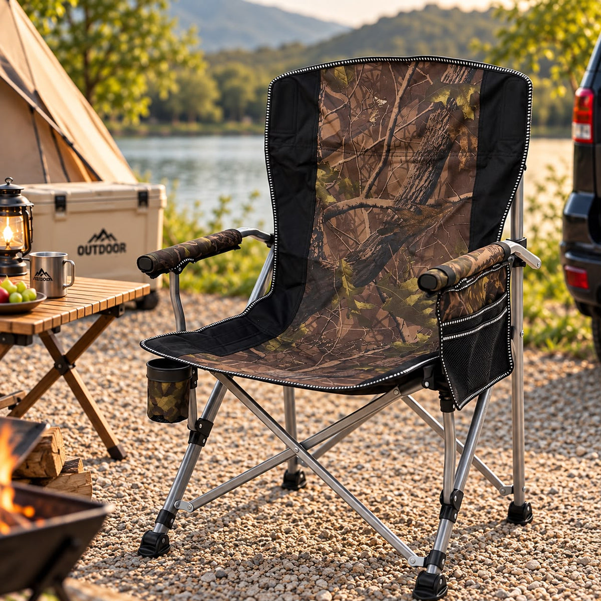 Heavy-Duty High-Back Folding Camping Chair with Cup Holder & Side Pocket