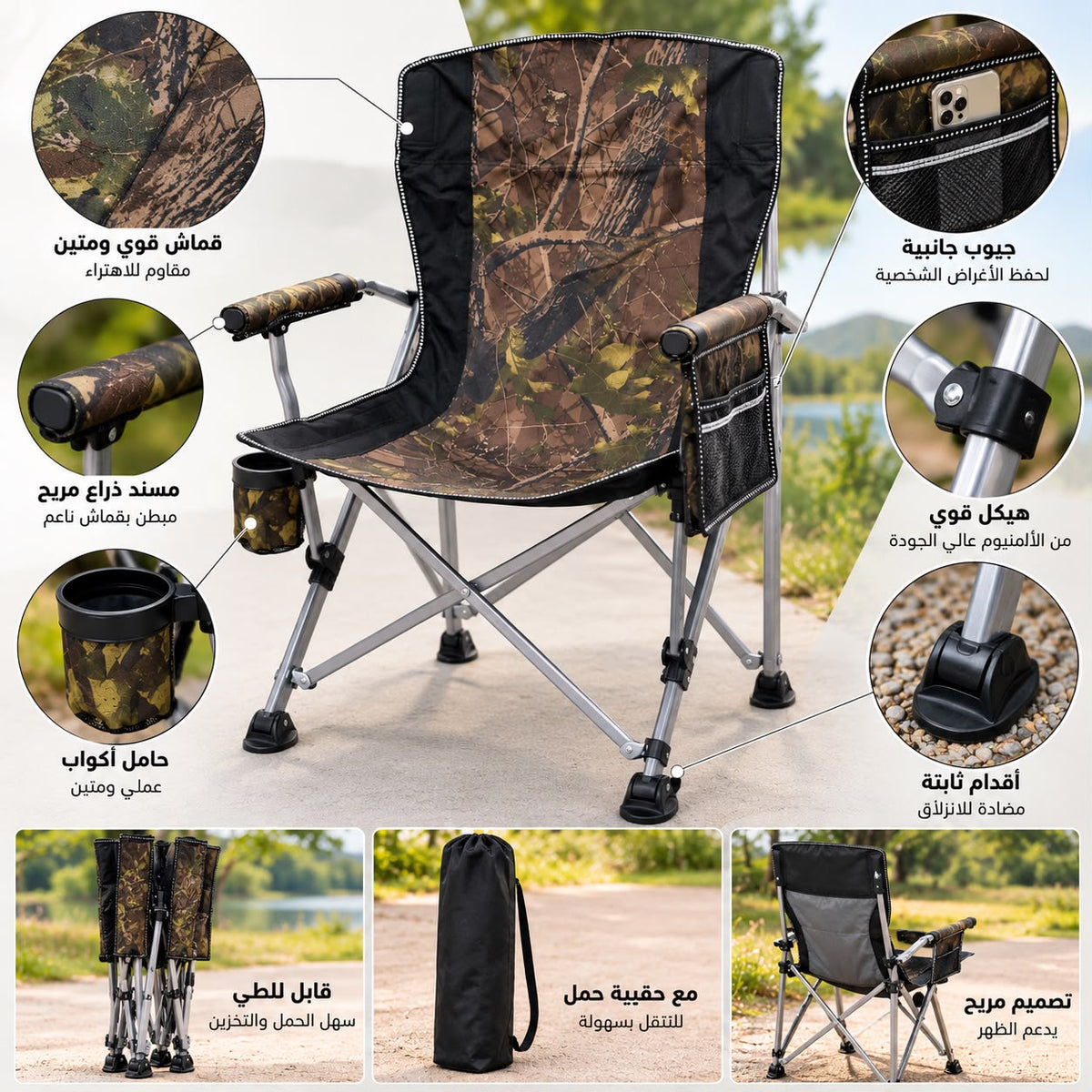 Heavy-Duty High-Back Folding Camping Chair with Cup Holder & Side Pocket