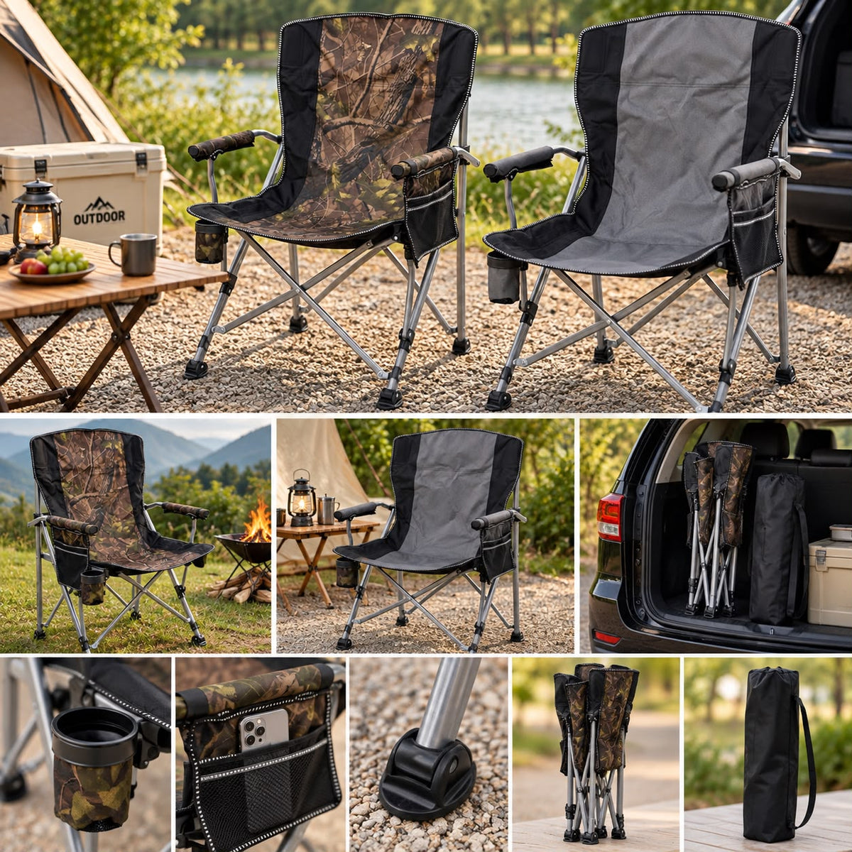 Heavy-Duty High-Back Folding Camping Chair with Cup Holder & Side Pocket