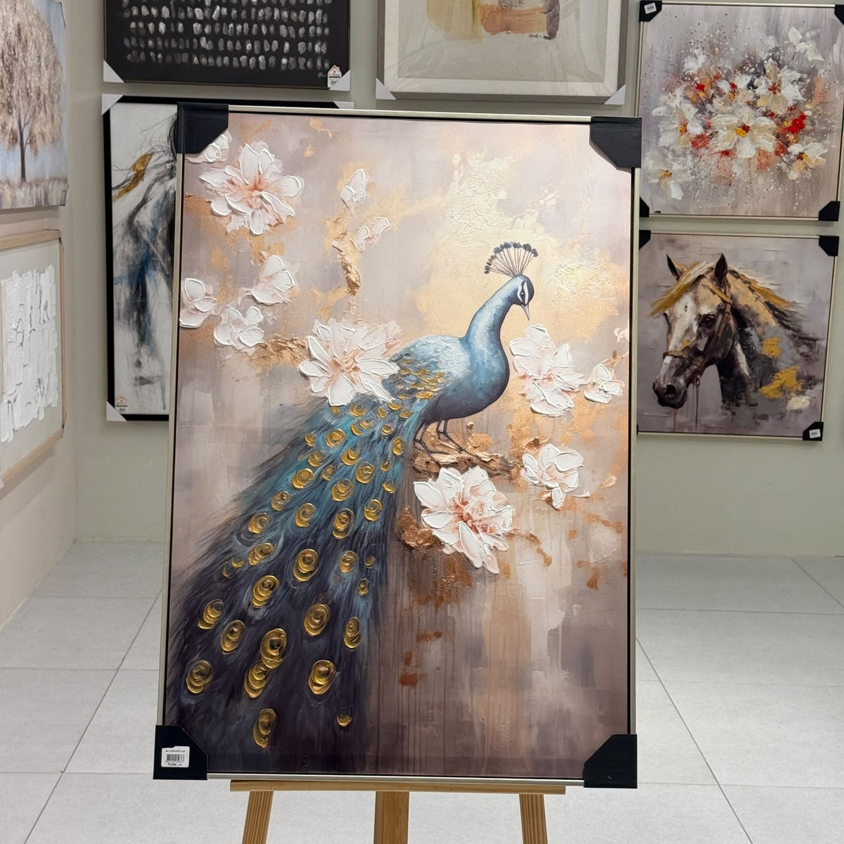 Golden Azure Peacock Framed Canvas Art - 100x70