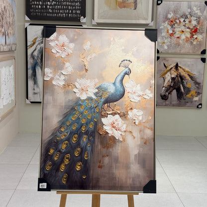 Golden Azure Peacock Framed Canvas Art - 100x70