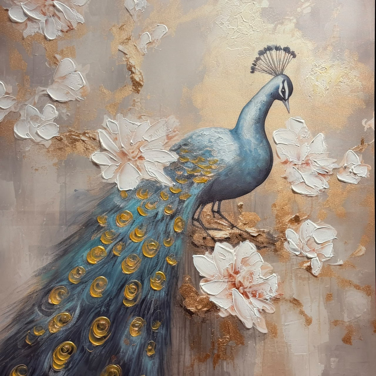 Golden Azure Peacock Framed Canvas Art - 100x70