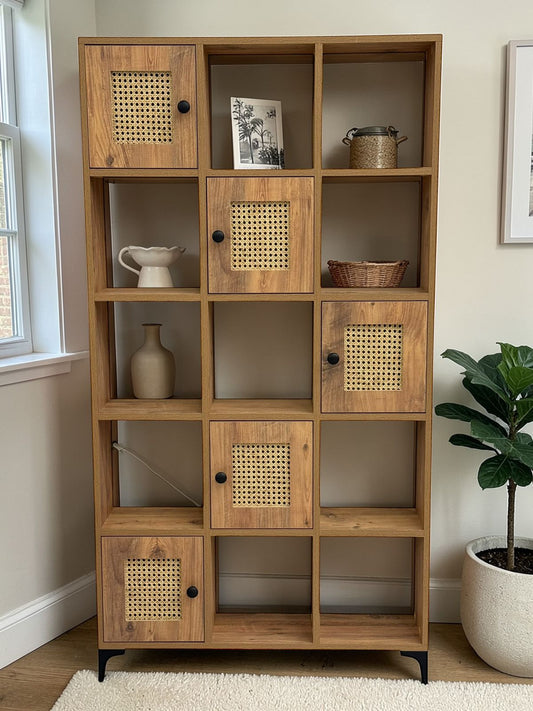Modern Wooden Multi-Compartment Storage Cabinet with Rattan Doors