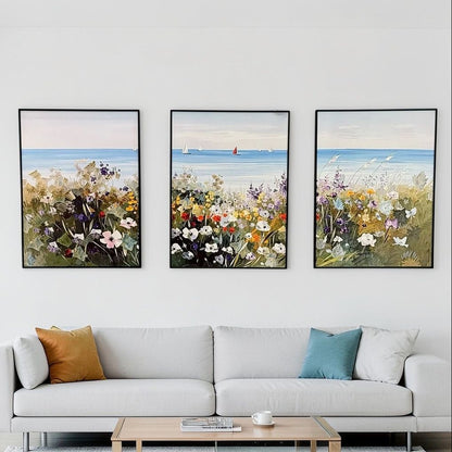 3 Pieces – Coastal Floral Landscape Framed Wall Art Set