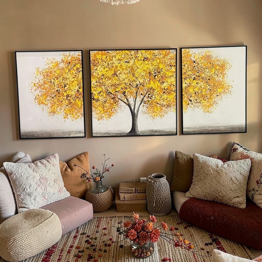 Golden Autumn Tree – Modern Wall Art Set (3 Pieces)