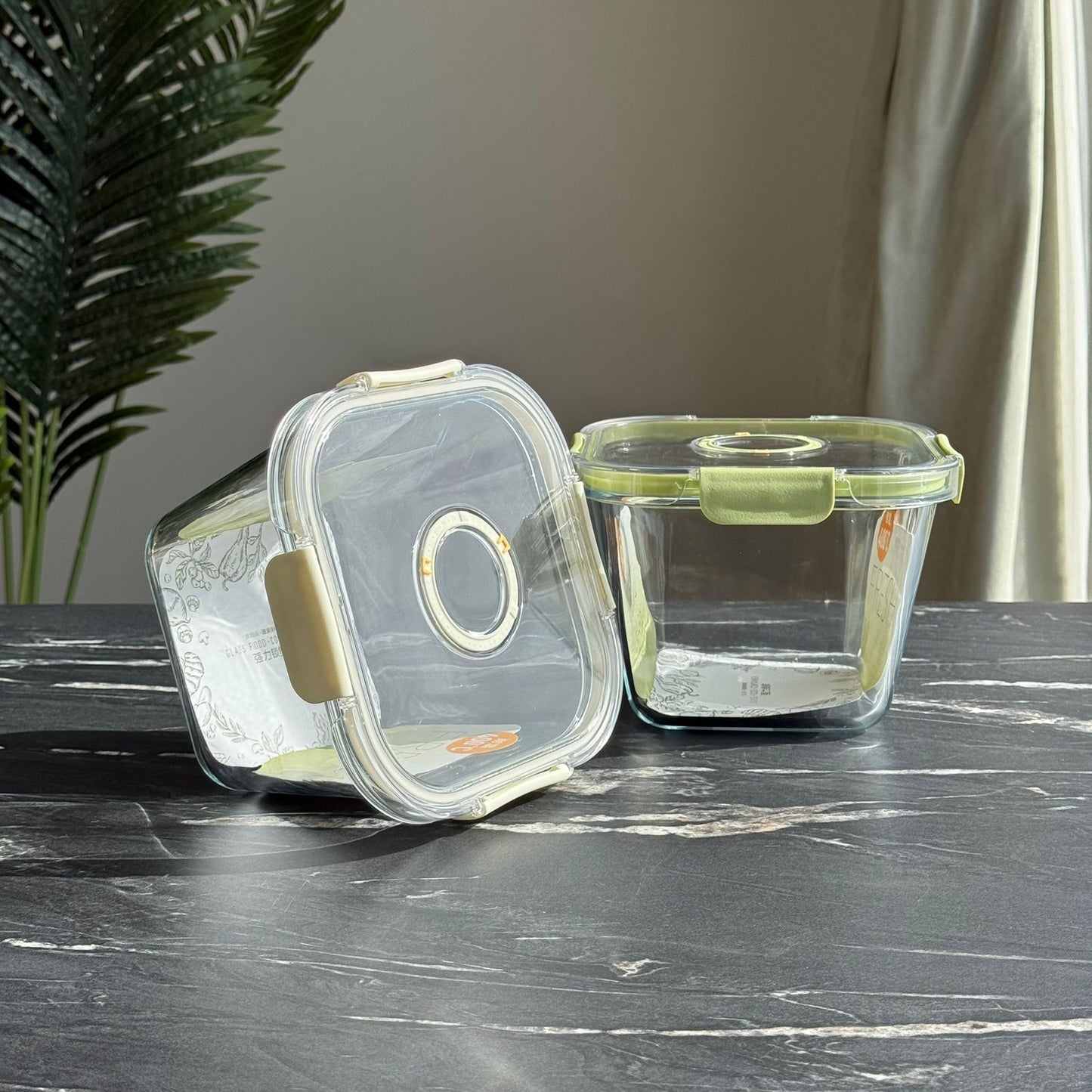 Modern Airtight Glass Food Storage Box Set with Date Dual Lids (Square)