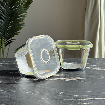 Modern Airtight Glass Food Storage Box Set with Date Dual Lids (Square)