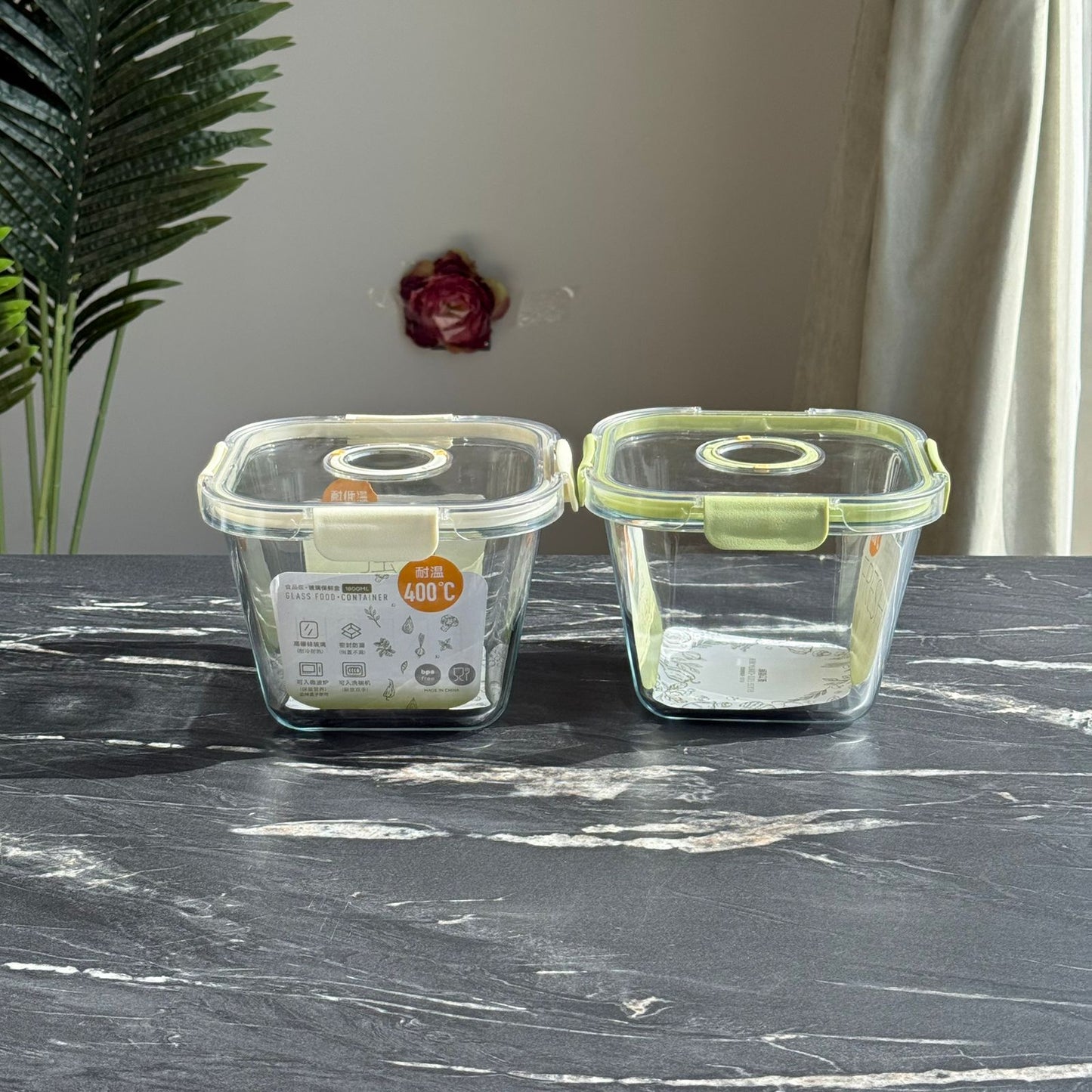Modern Airtight Glass Food Storage Box Set with Date Dual Lids (Square)