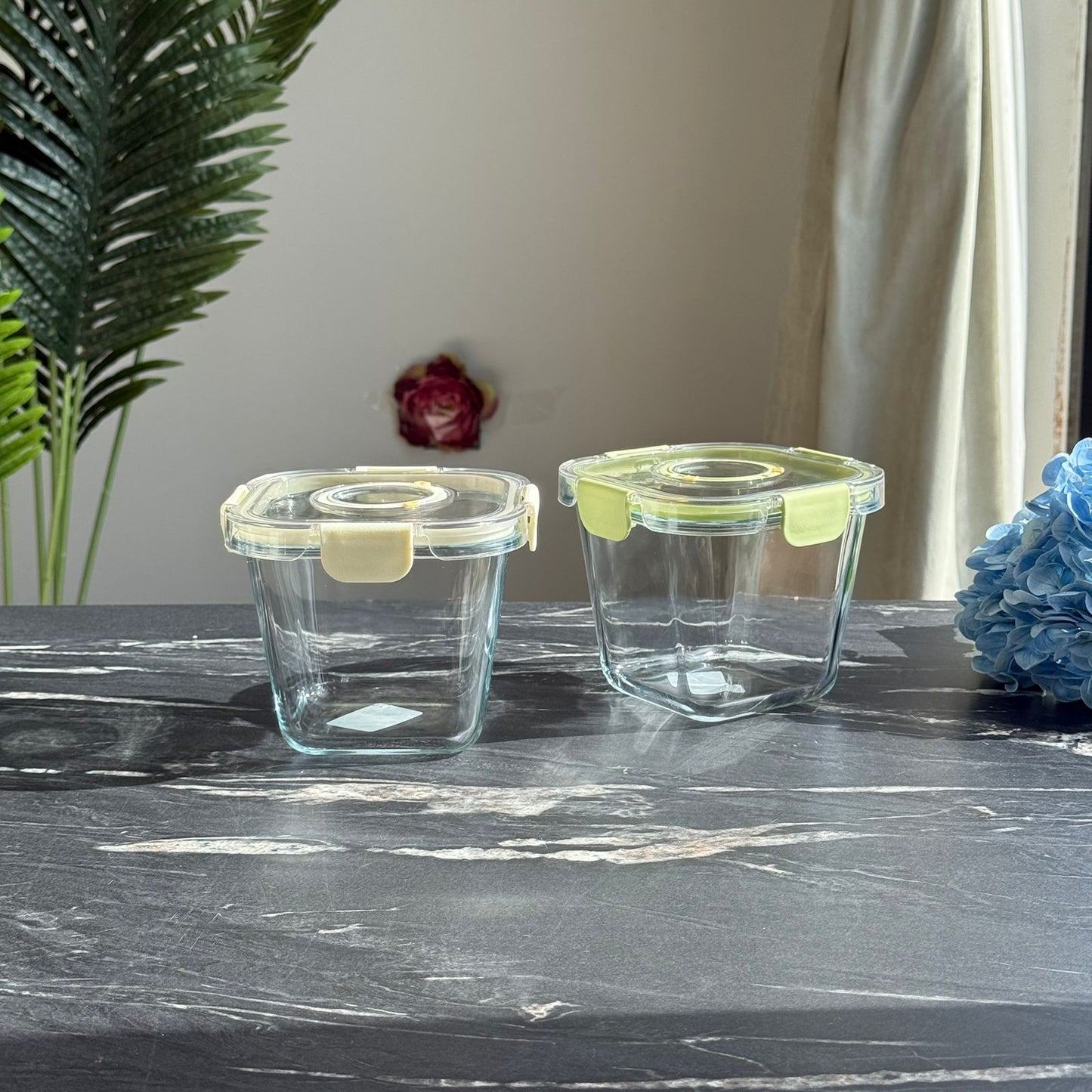Modern Airtight Glass Food Storage Box Set with Date Dual Lids (Square)