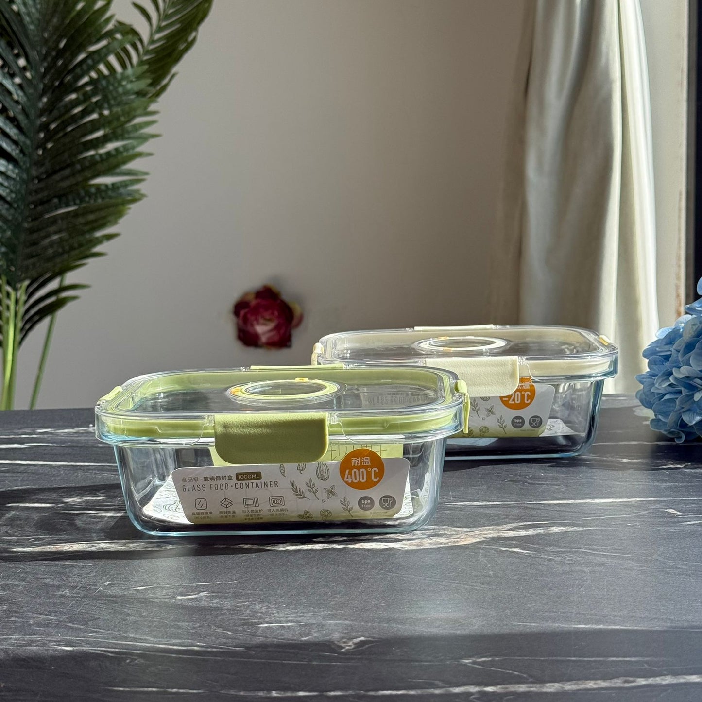 Modern Airtight Glass Food Storage Container with Dual Date Lid (Rectangular)