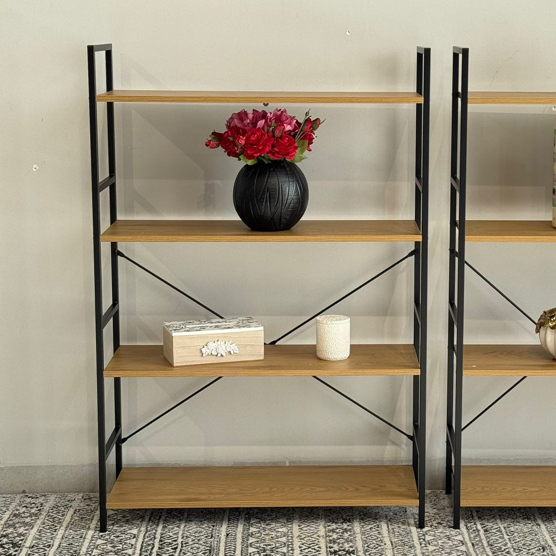 Modern Multi-Tier Storage Shelf with Metal Frame & Wooden Shelves