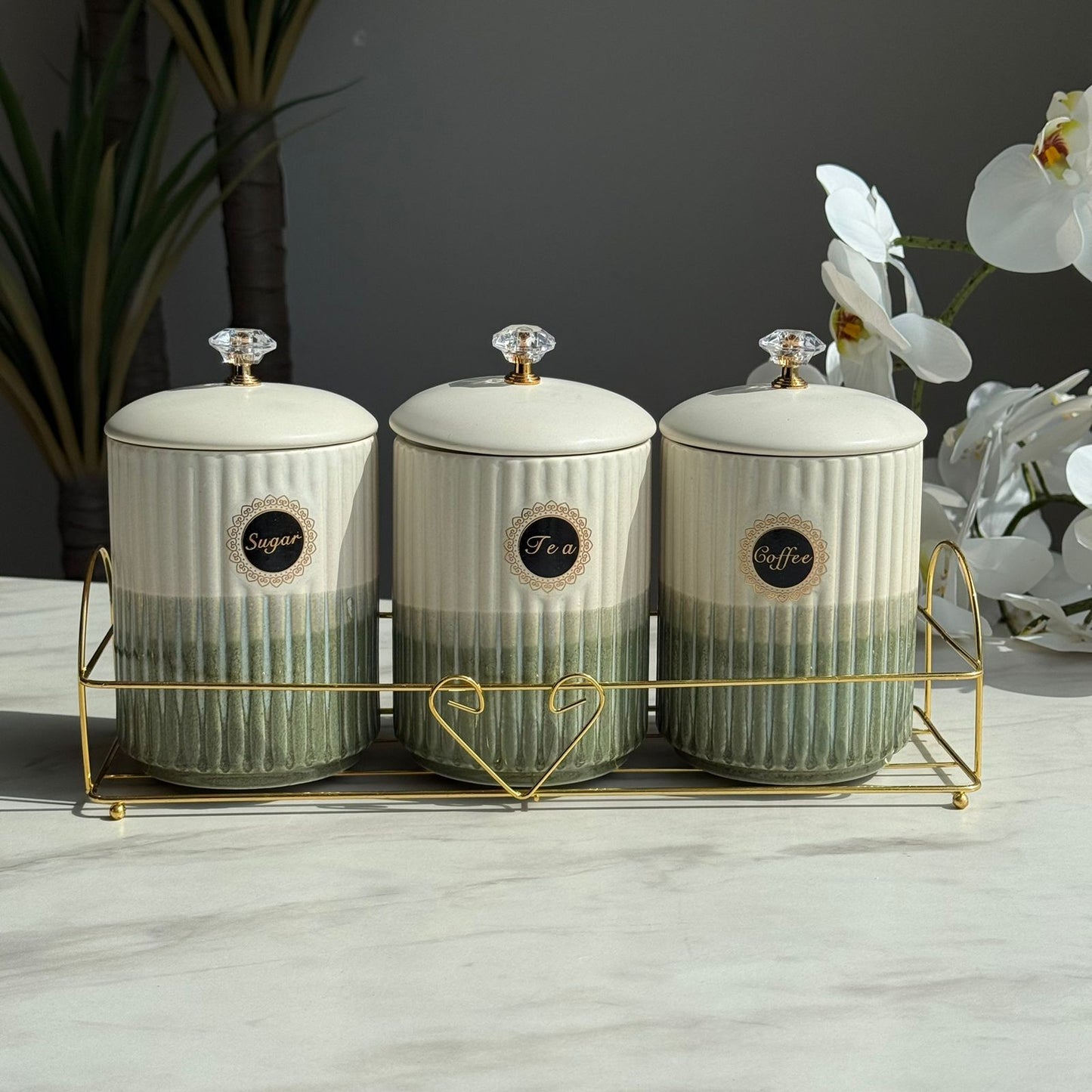 Luxury Ceramic Coffee, Sugar & Tea Storage Jar Set with Metallic Stand