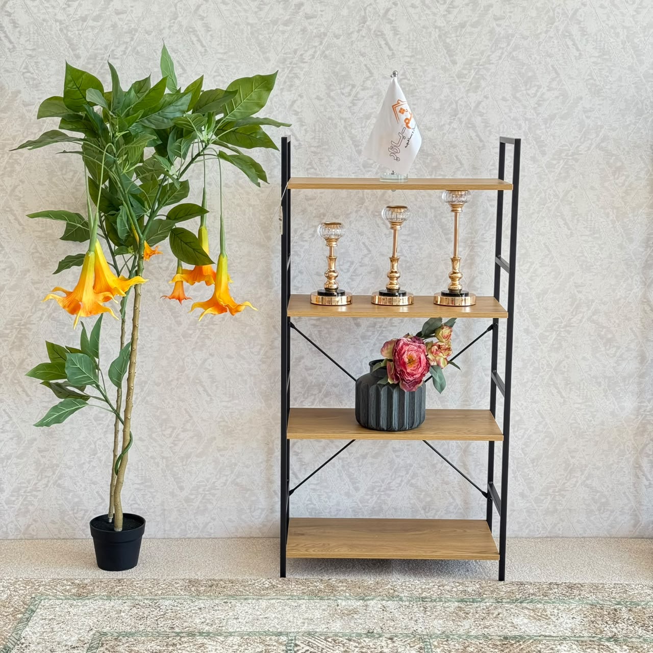 Modern Multi-Tier Storage Shelf with Metal Frame & Wooden Shelves