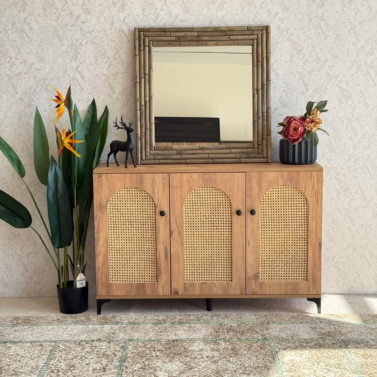 2 & 3 Door Multi-Purpose Natural Rattan Wood Storage Cabinet