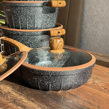 Luxury Non-Stick Cookware Set With Wooden-look handles
