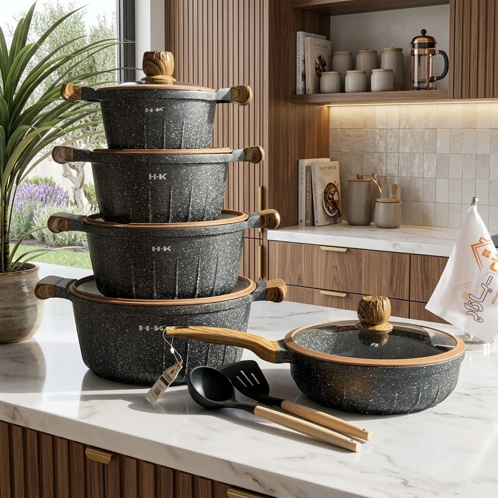 Luxury Non-Stick Cookware Set With Wooden-look handles