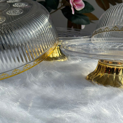 Clear Pedestal Dessert Stand with Gold Accent Lid