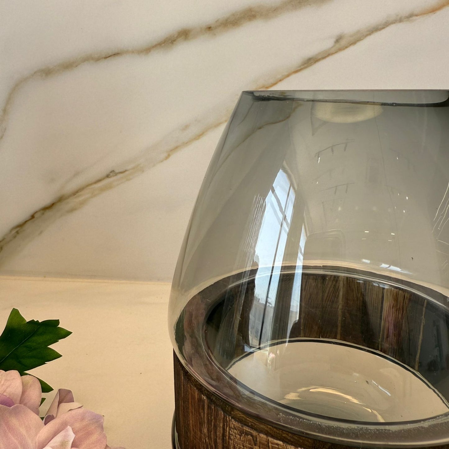 Smoky Teardrop Glass Vase With Decorative Wood Band