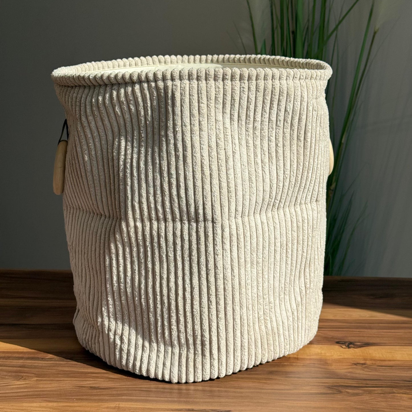Corduroy Storage Basket with Wooden Ring Handles