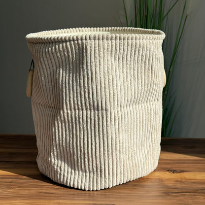 Corduroy Storage Basket with Wooden Ring Handles