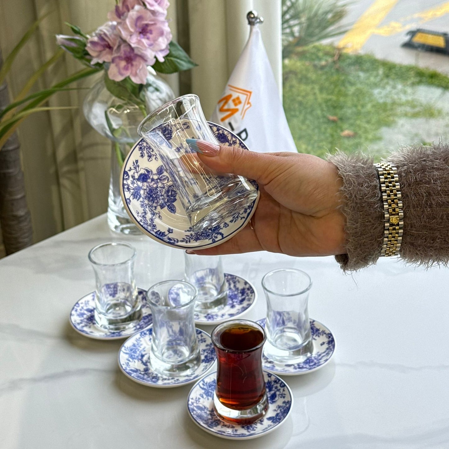 Glass Tea Cups with Blue Floral Saucers