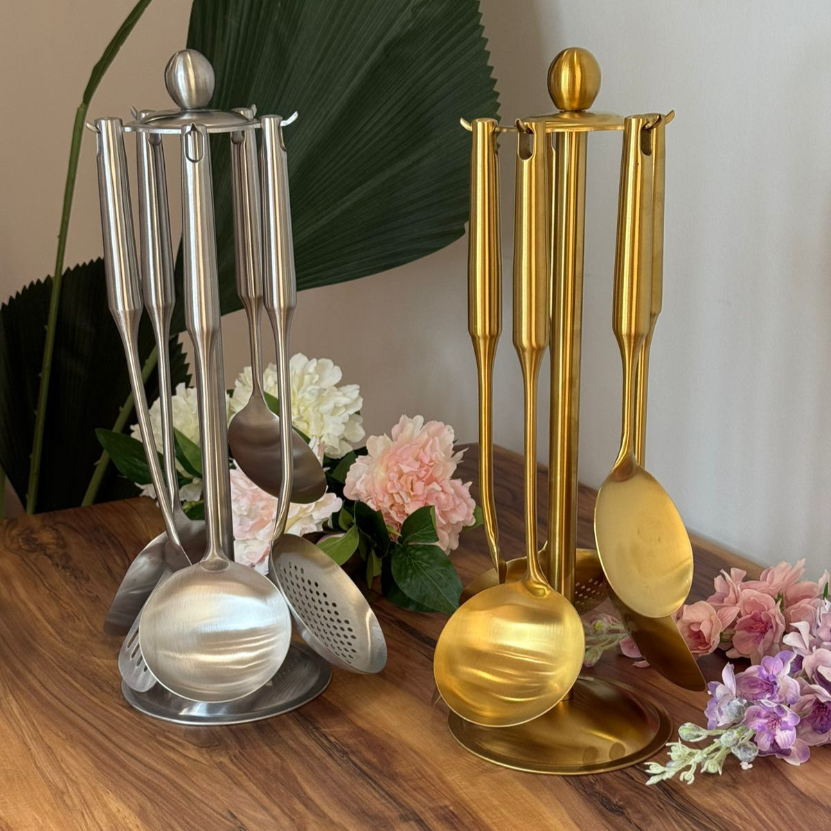 Elegant Gold Stainless Steel Cooking Utensil Set With Stand