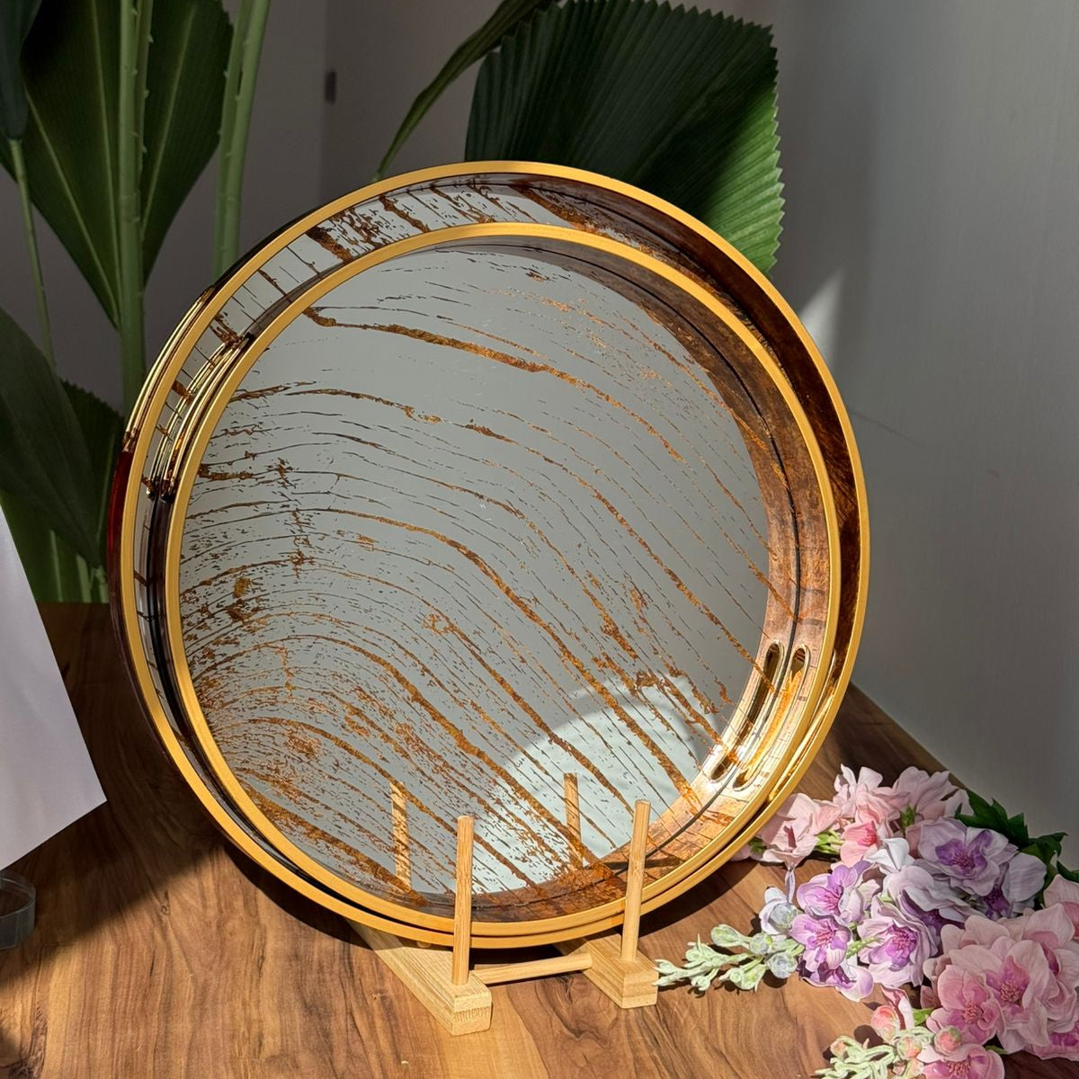 Golden Wave Round Mirror Serving & Decorative Tray