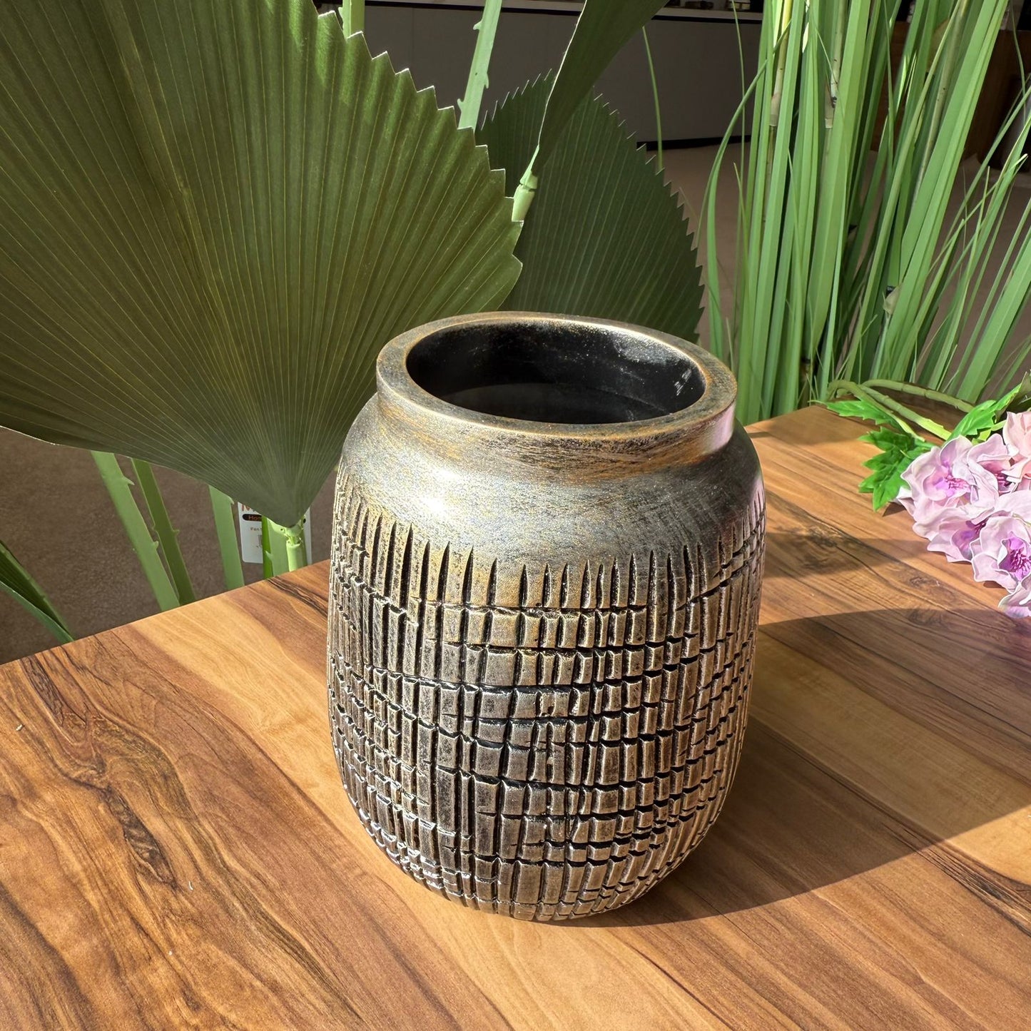 Rustic Grid-Textured Ceramic Vase