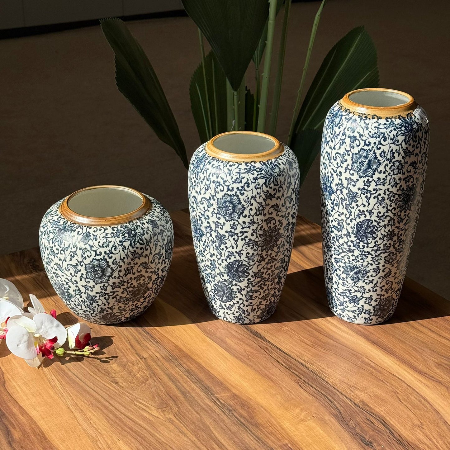 Elegant Blue Vases With Floral Motif And Orchid Touch