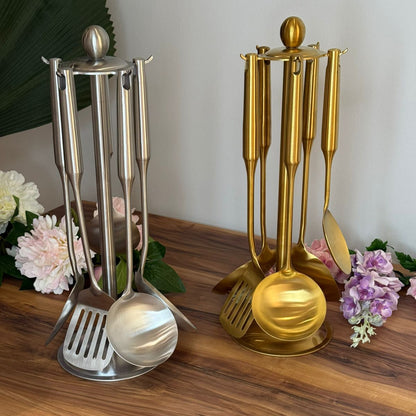 Elegant Gold Stainless Steel Cooking Utensil Set With Stand