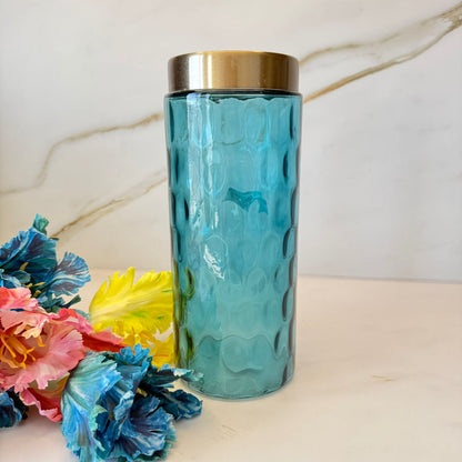 Aqua Embossed Glass Vase With Metal Top