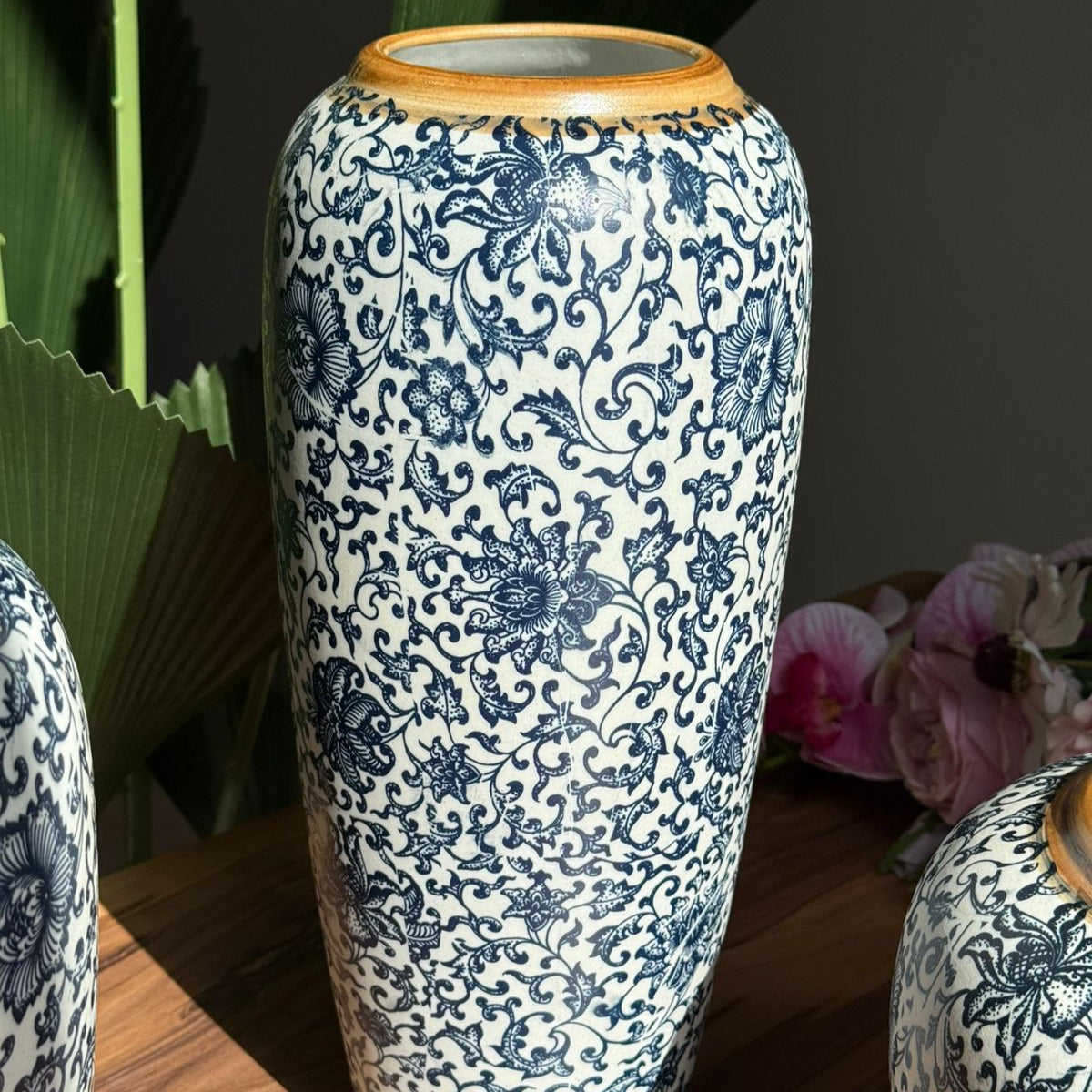 Elegant Blue Vases With Floral Motif And Orchid Touch