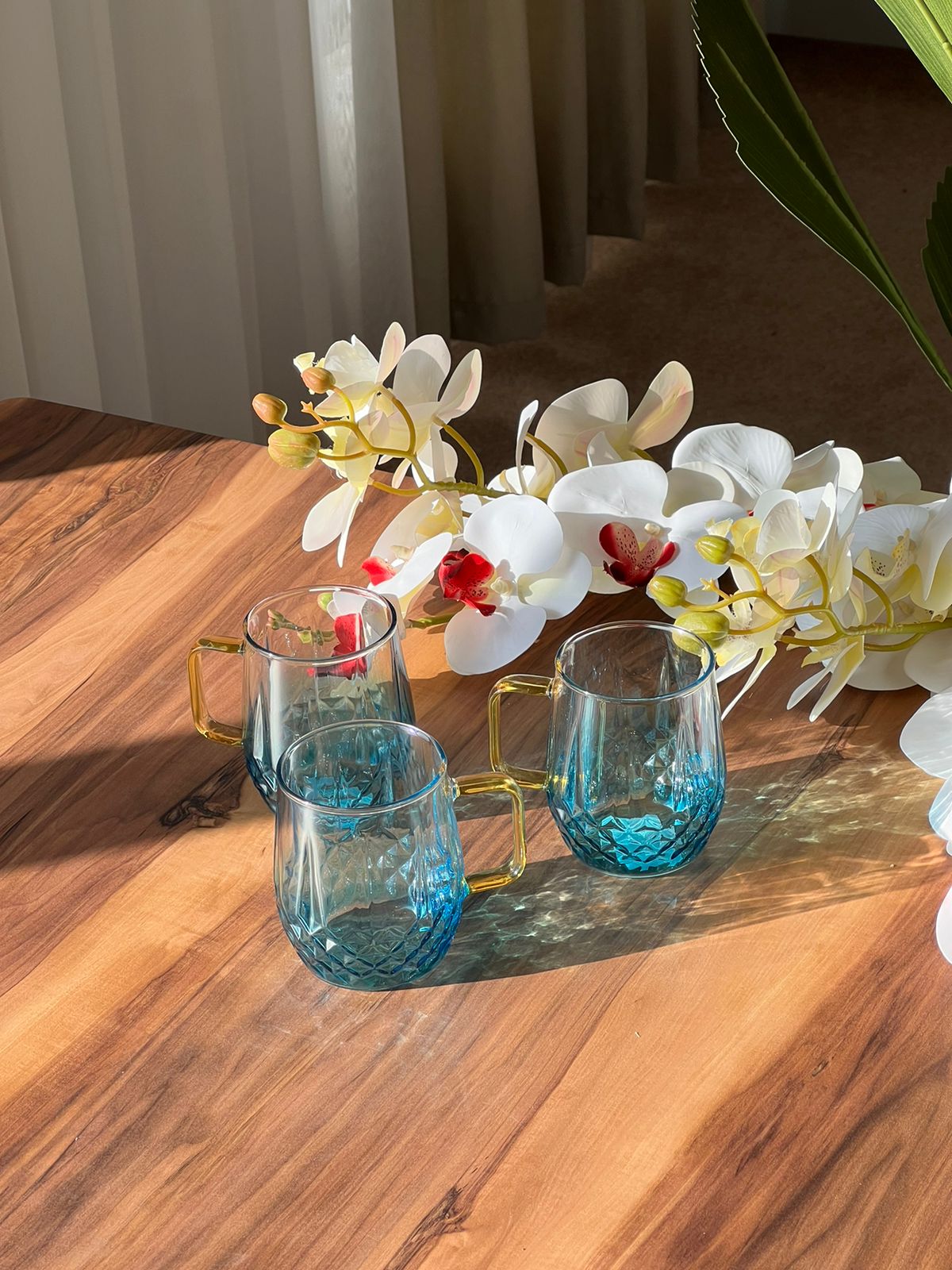 Set Of Transparent Blue Diamond Pattern Glass Mug - 6 Pieces