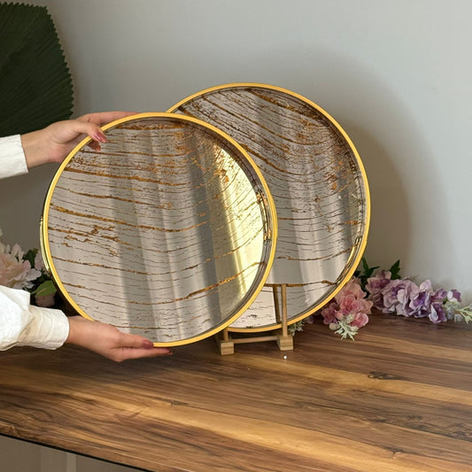 Golden Wave Round Mirror Serving & Decorative Tray
