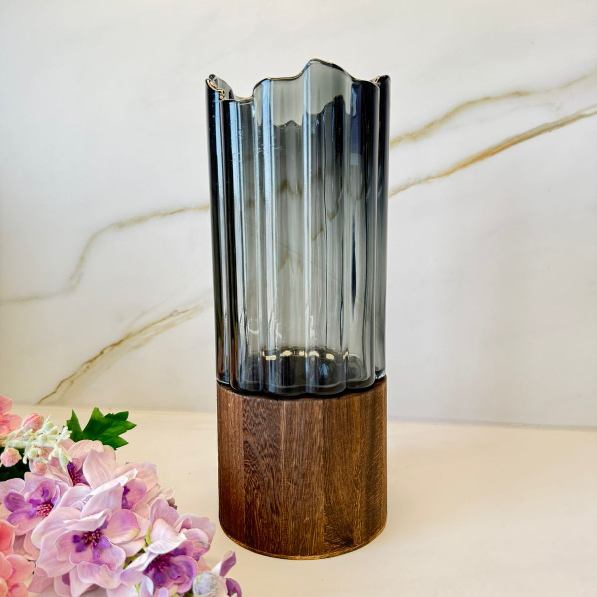 Wave-Edge & Wooden Base - Smoky Glass Vase Collection