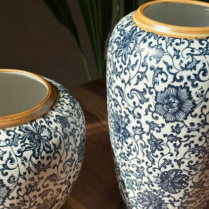 Elegant Blue Vases With Floral Motif And Orchid Touch