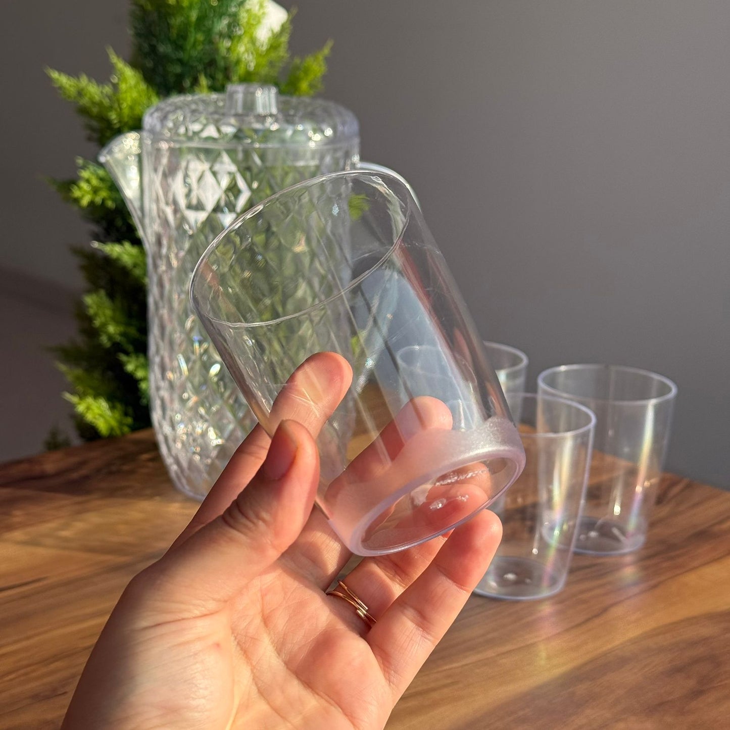 Clear Plastic Water Pitcher Set With Cups