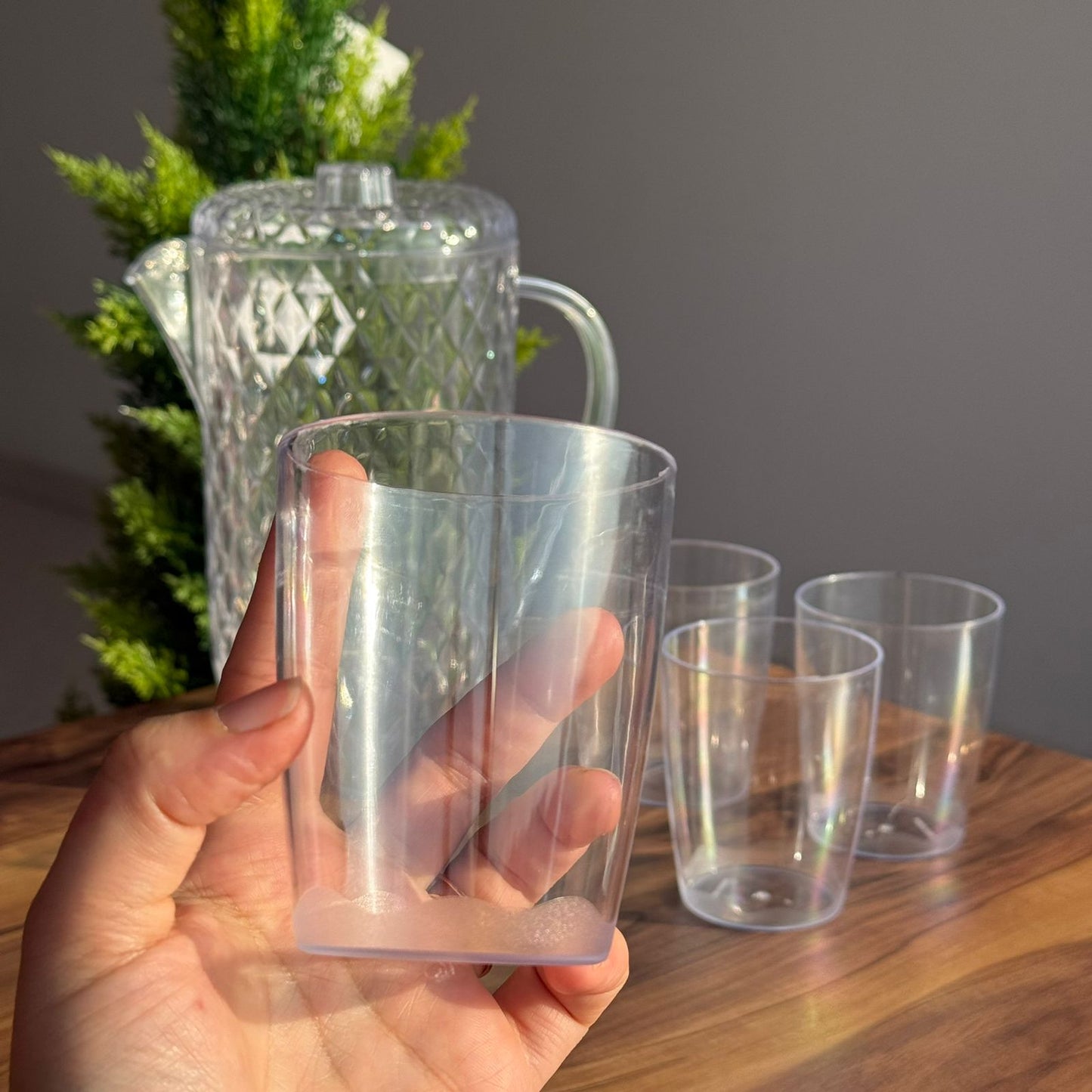 Clear Plastic Water Pitcher Set With Cups